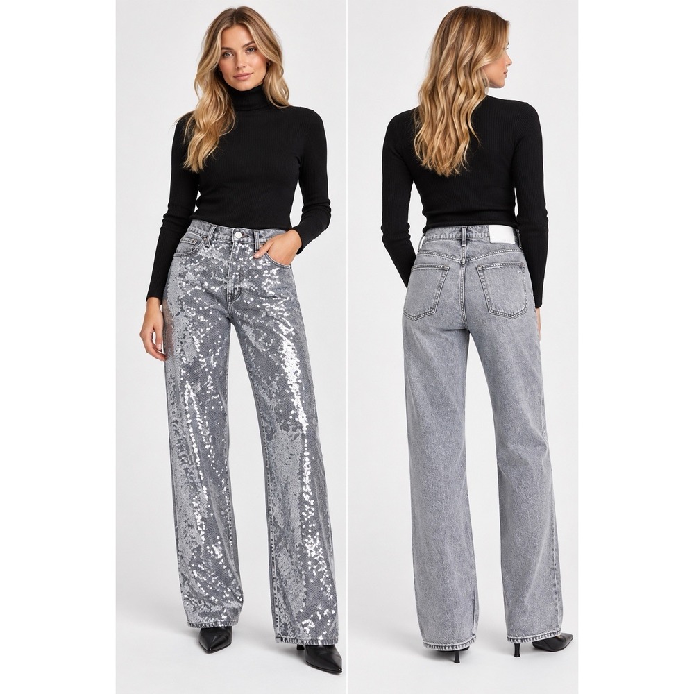 Rag & Bone NWT The Shea High Rise Relaxed Straight Jeans In Steele Sequins 34